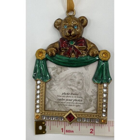 Enamel Rhinestones Christmas Ornament Picture Frame Teddy Bear Vintage Look - Picture 9 of 10